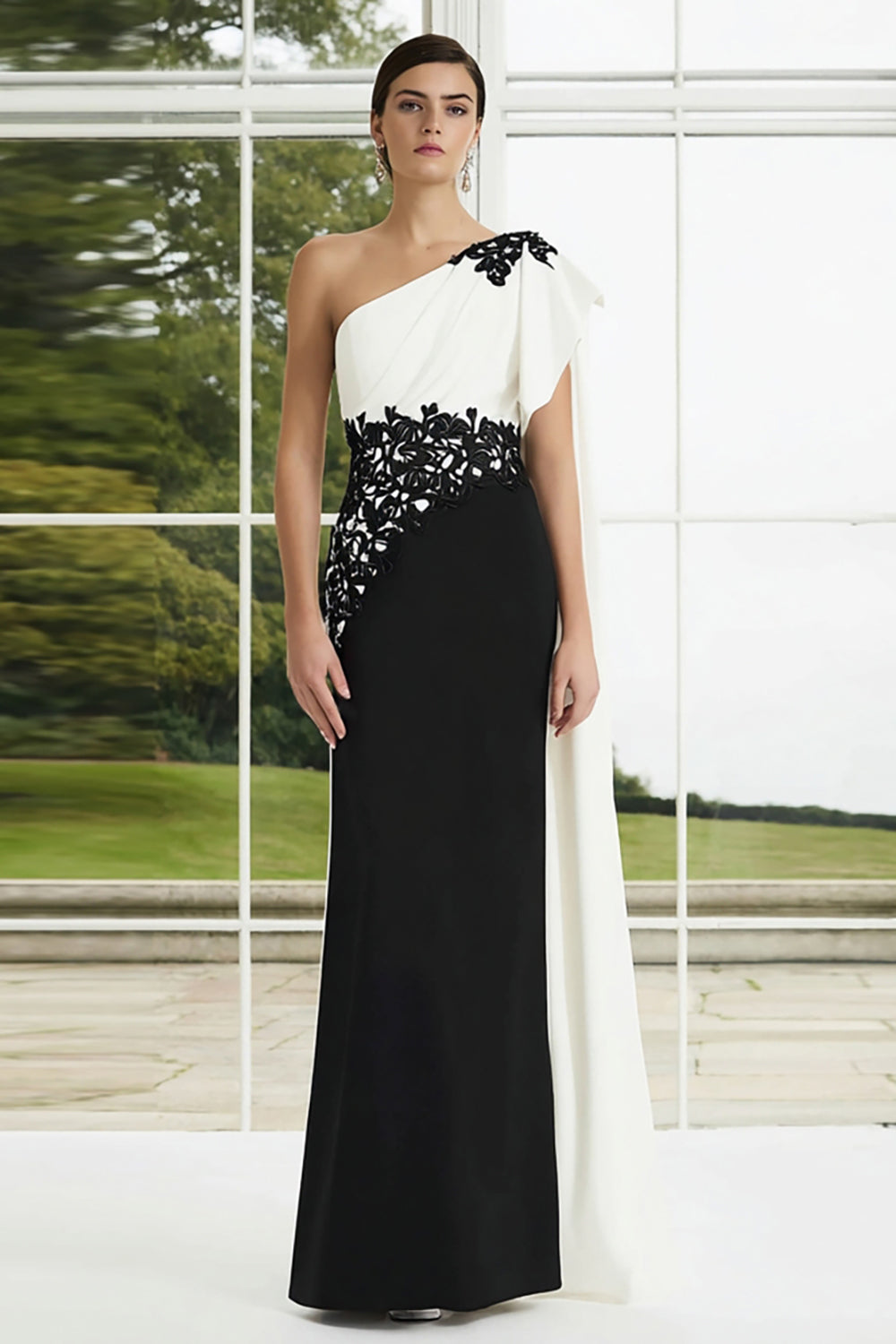 One Shoulder Black and White Sheath Appliqued Long Formal Dress