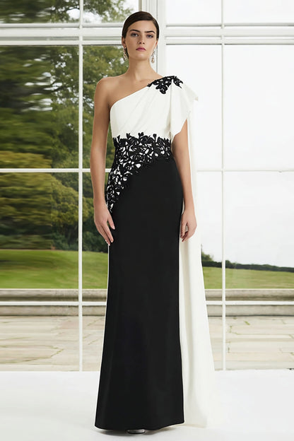 One Shoulder Black and White Sheath Appliqued Long Formal Dress