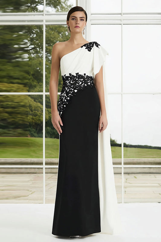 One Shoulder Black and White Sheath Appliqued Long Formal Dress