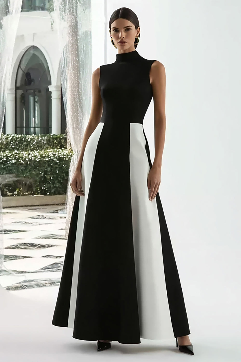 A-Line High Neck Black and White Long Formal Dress
