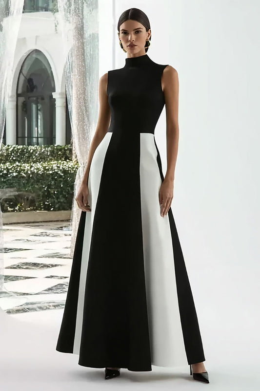A-Line High Neck Black and White Long Formal Dress