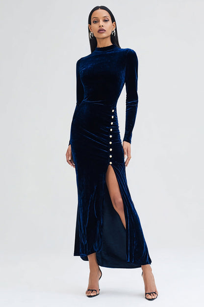 Navy Sheath Velvet Long Sleeve Formal Dress With Slit