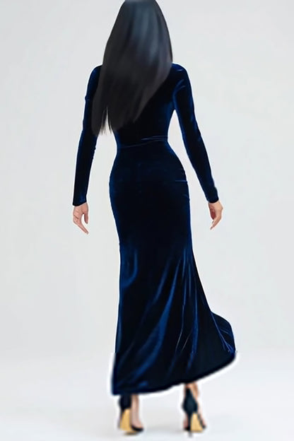 Navy Sheath Velvet Long Sleeve Formal Dress With Slit