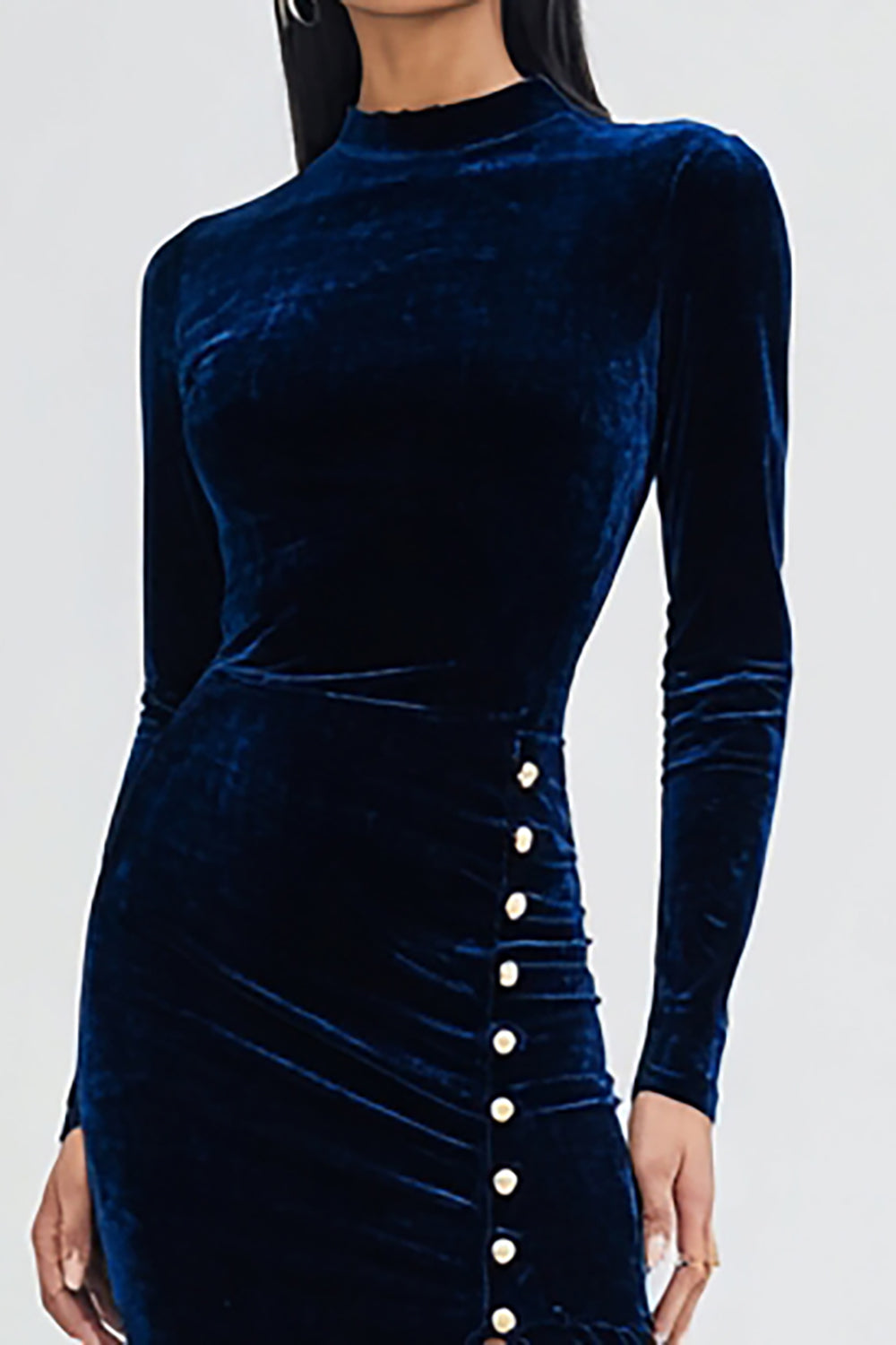 Navy Sheath Velvet Long Sleeve Formal Dress With Slit