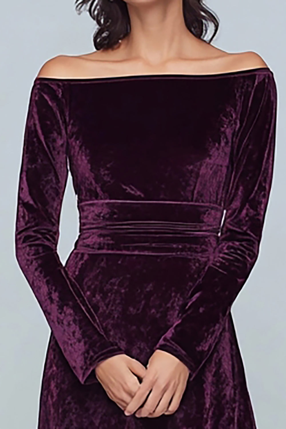 Plum Velvet A-Line Long Holiday Party Dress with Long Sleeves
