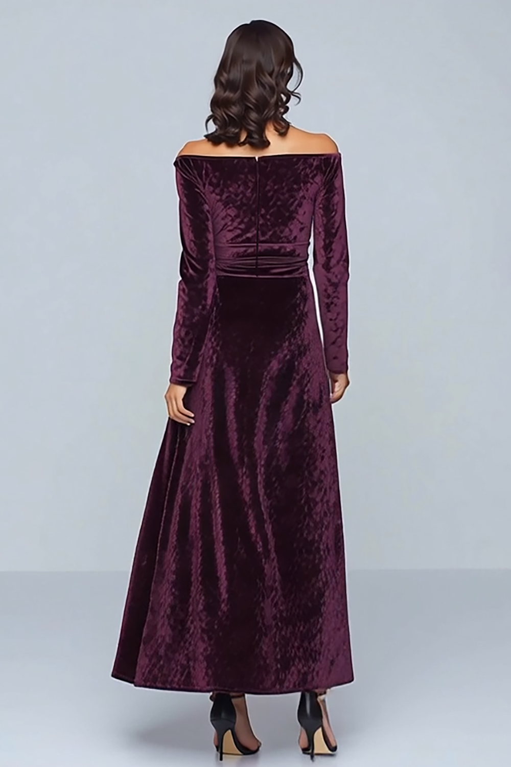 Plum Velvet A-Line Long Holiday Party Dress with Long Sleeves