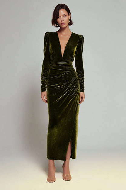 Olive Ruched Sheath Long Sleeve Velvet Formal Dress with Slit