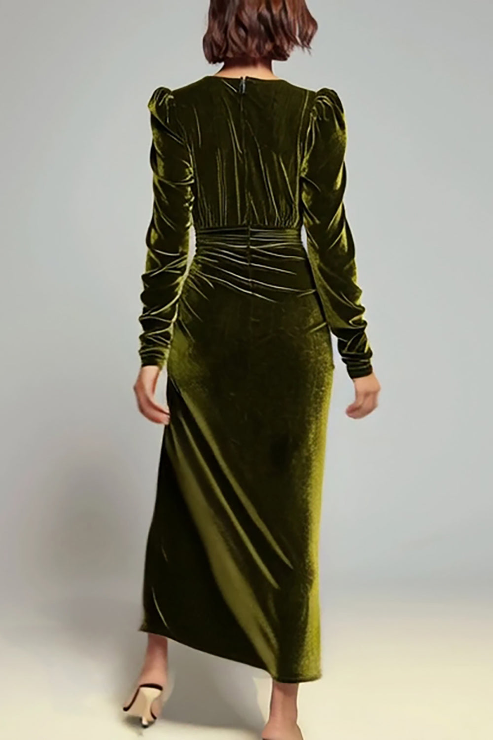 Olive Ruched Sheath Long Sleeve Velvet Formal Dress with Slit