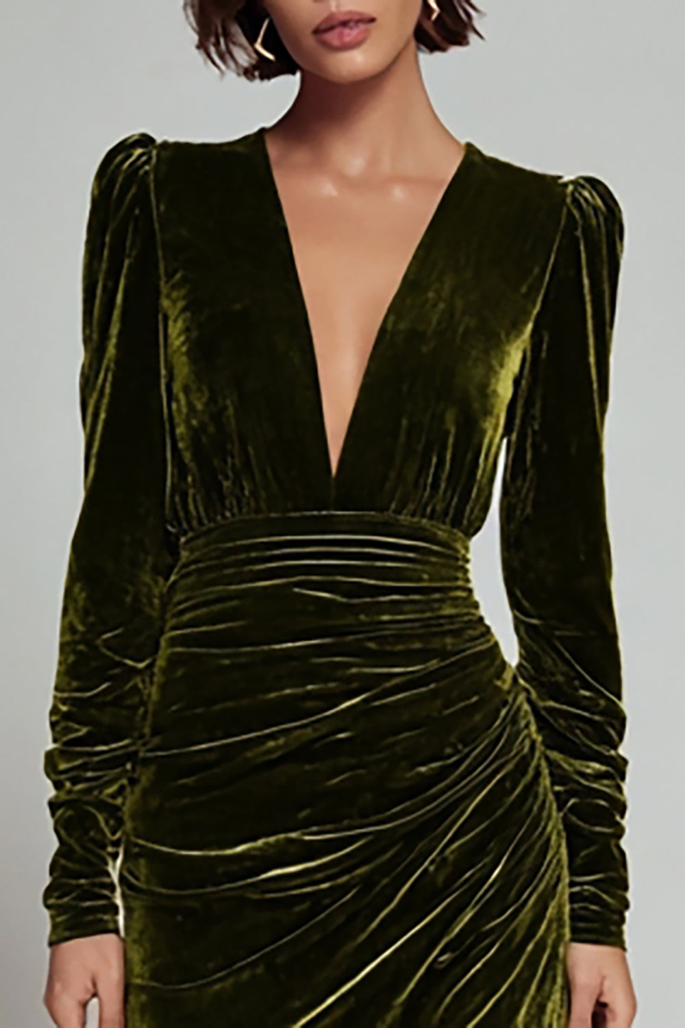 Olive Ruched Sheath Long Sleeve Velvet Formal Dress with Slit