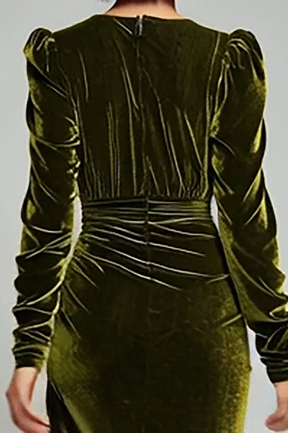 Olive Ruched Sheath Long Sleeve Velvet Formal Dress with Slit