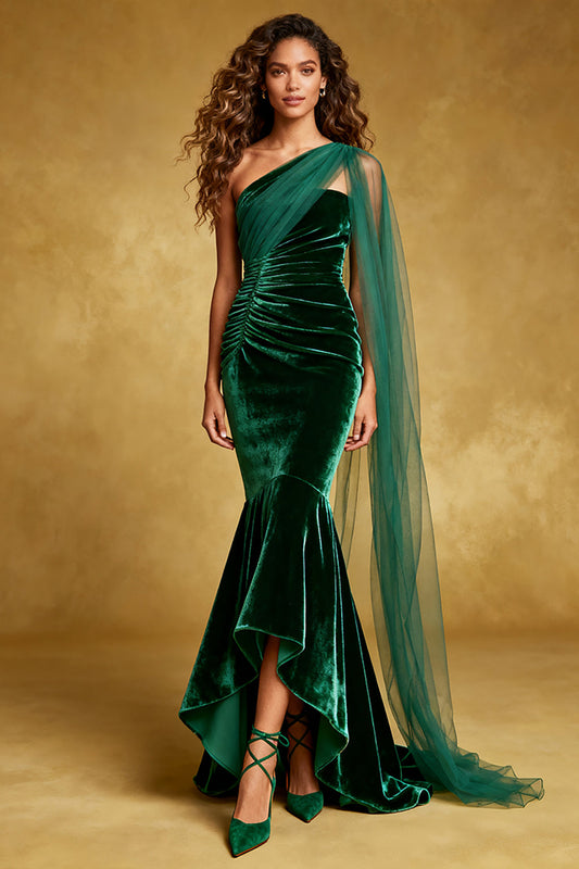 Dark Green Velvet One Shoulder Mermaid Pleated Long Evening Dress with Ruffles
