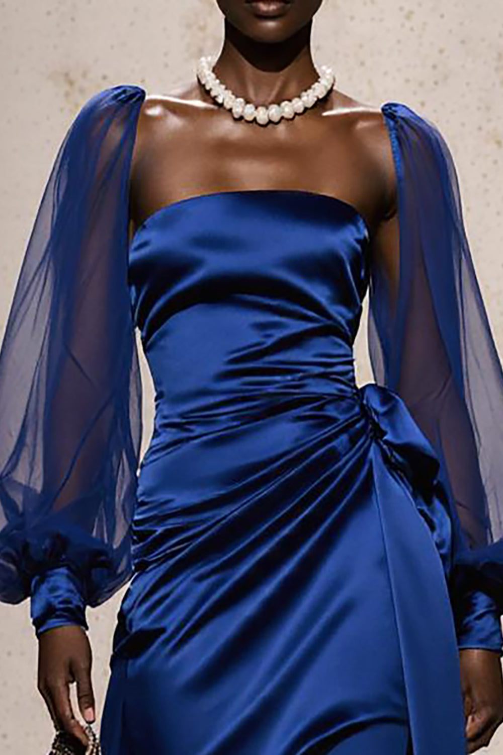 Royal Blue Satin A Line Ruched Formal Dress with Long Sleeves