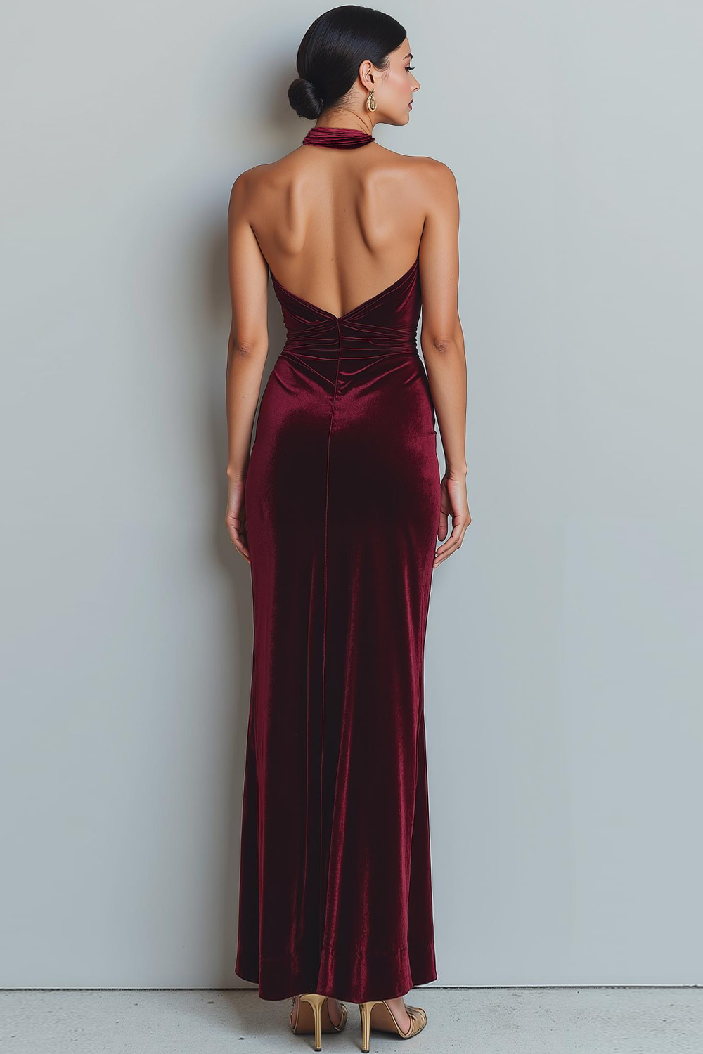 Cabernet Velvet Mermaid Halter Long Holiday Party Dress