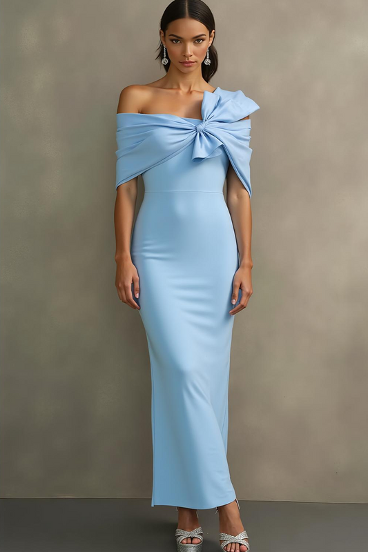 Sky Blue Mermaid Off the Shoulder Long Formal Dress with Bow