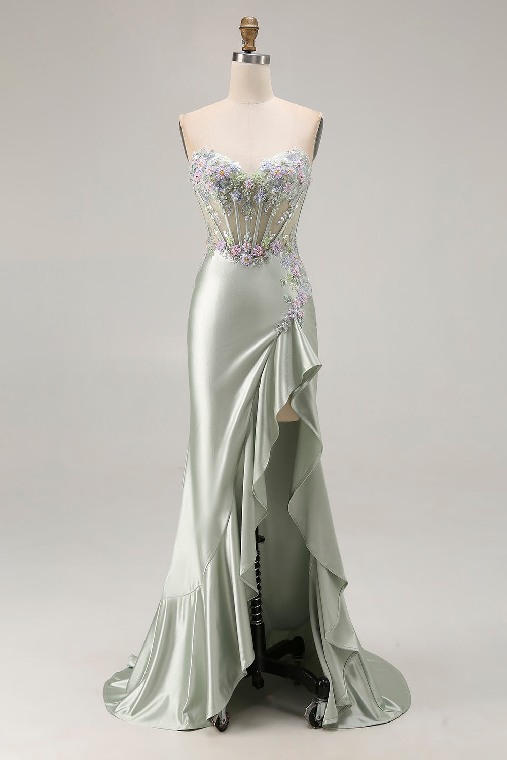 Dusty Sage Sweetheart Sequin Applique Corset Mermaid Long Prom Dress with Ruffle Slit