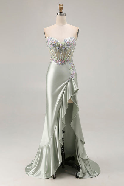 Dusty Sage Sweetheart Sequin Applique Corset Mermaid Long Prom Dress with Ruffle Slit