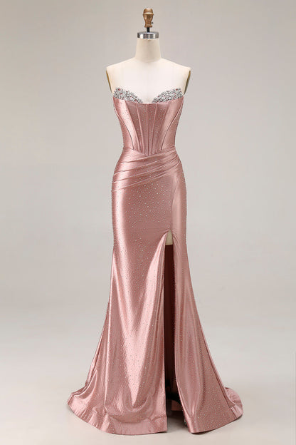 Dusty Rose Strapless Beaded Mermaid Corset Satin Long Prom Dress with Slit