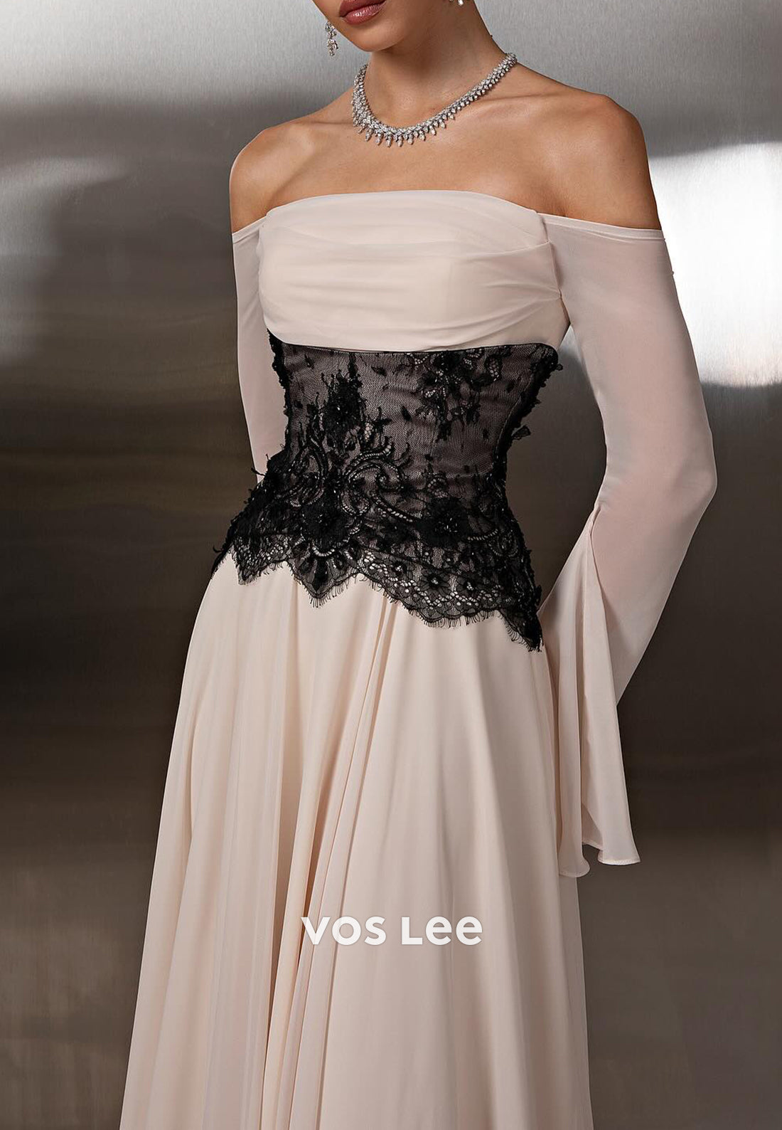 Simple Long Sleeve Off the Shoulder A-Line Pleated Evening Dresses