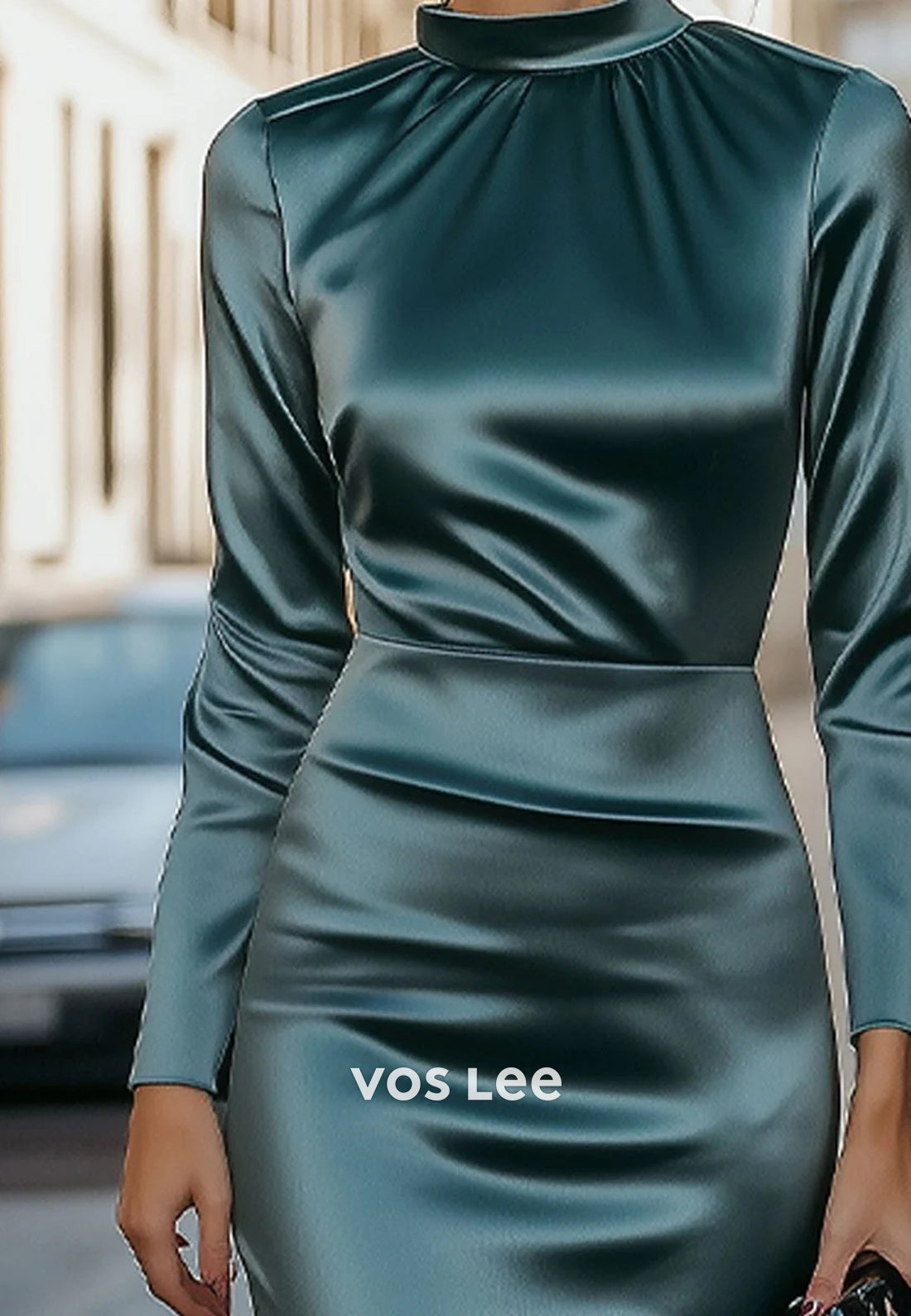 Simple Long Sleeve High Neck Ankle-Length Pleated Mermaid Wedding Guest Dresses
