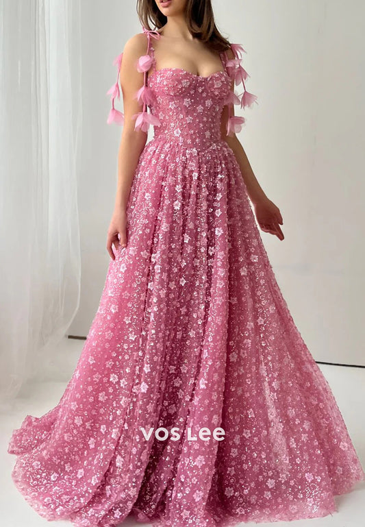 A-Line Spaghetti Straps Sweetheart Sequins Beaded Embellished Prom Dresses