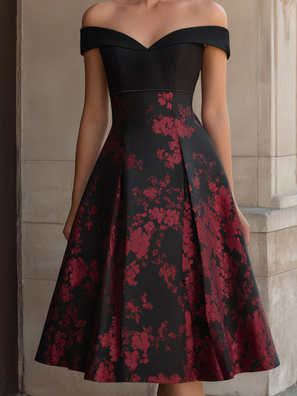 Off-Shoulder Floral Print A-Line Midi Dress