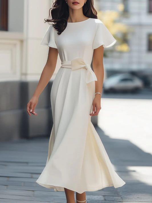 A-Line Short Sleeve Scoop Pleated Bowknot Ankle-Length Wedding Guest Dresses
