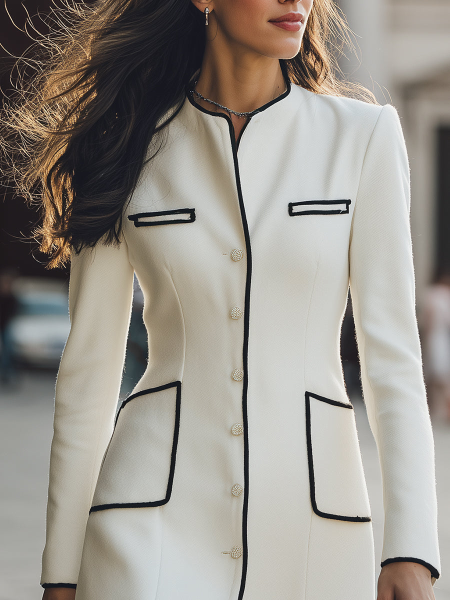Elegant White Contrast-Trim Coat Dress