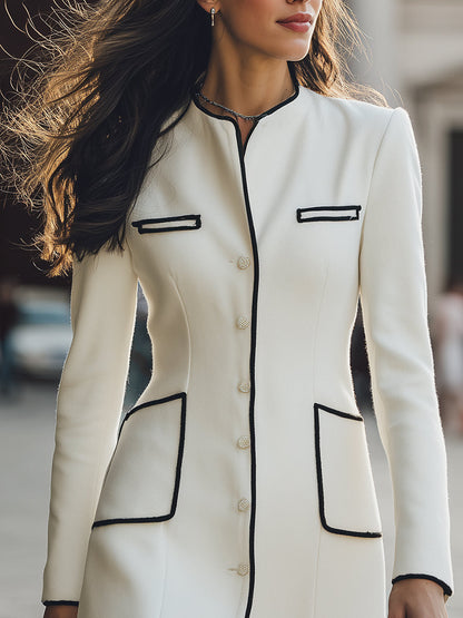 Elegant White Contrast-Trim Coat Dress