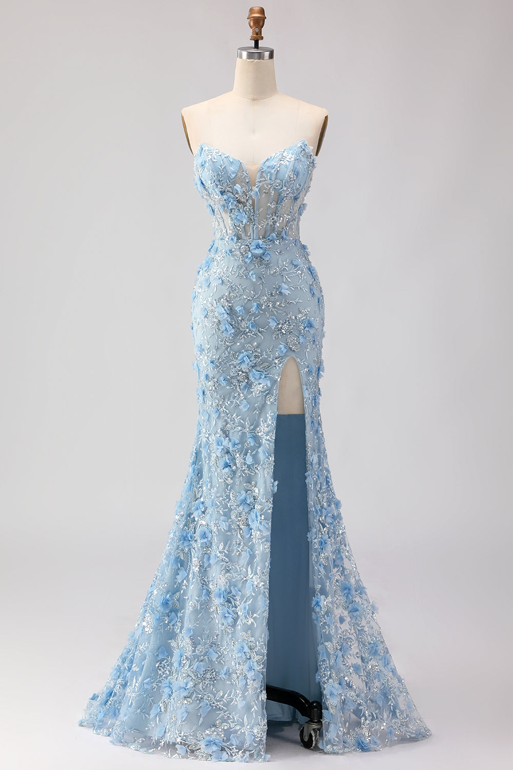 Blue Strapless Mermaid Corset 3D Flowers Sequin Long Prom Dress With Slit