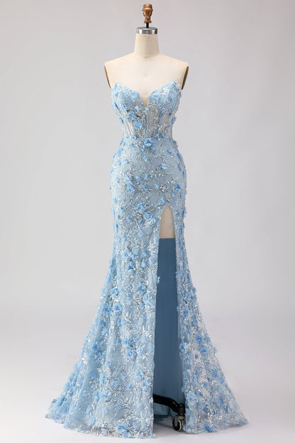 Blue Strapless Mermaid Corset 3D Flowers Sequin Long Prom Dress With Slit