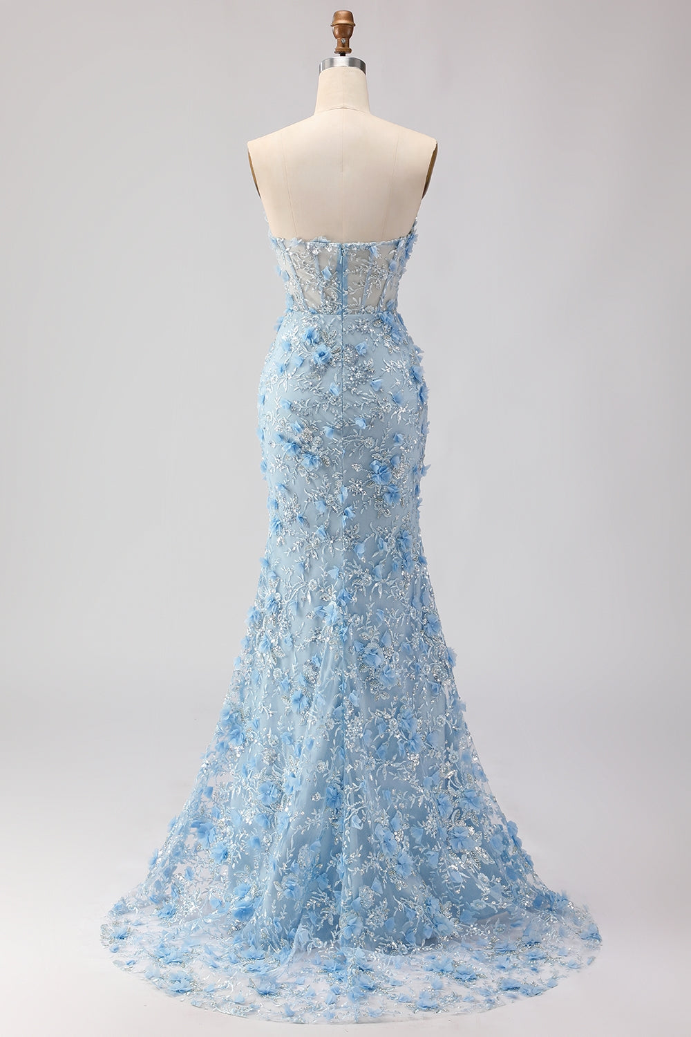 Blue Strapless Mermaid Corset 3D Flowers Sequin Long Prom Dress With Slit