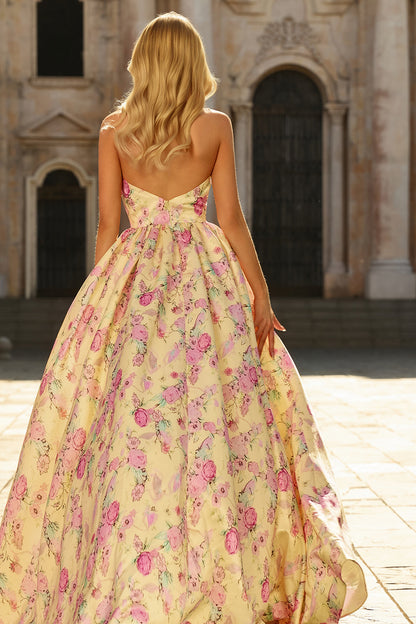 Yellow Pink Flowers A Line Deep V Neck Backless Long Prom Dress with Slit