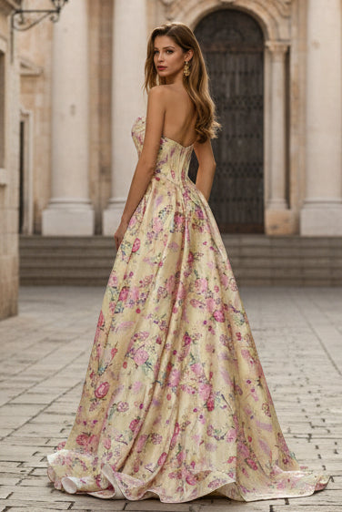 Yellow Pink Flowers A-Line Strapless Corset Backless Long Prom Dress with Slit