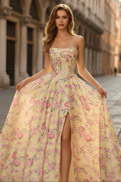 Yellow Pink Flowers A-Line Strapless Corset Backless Long Prom Dress with Slit