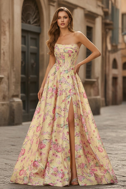 Yellow Pink Flowers A-Line Strapless Corset Backless Long Prom Dress with Slit