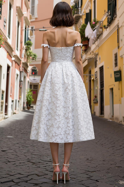 Lace Off the Shoulder White A Line Midi Wedding Dress