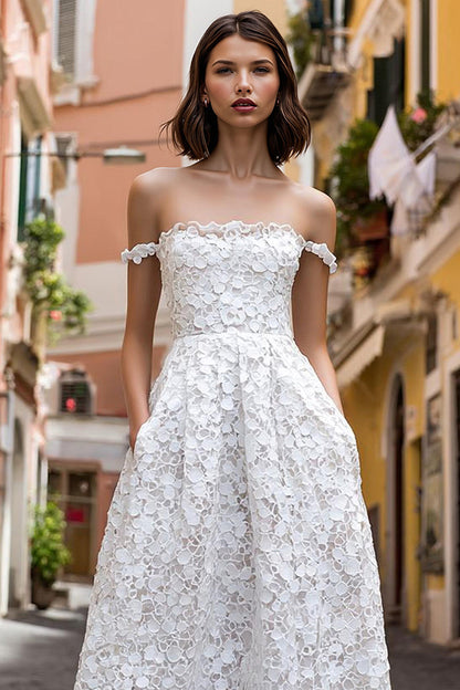 Lace Off the Shoulder White A Line Midi Wedding Dress