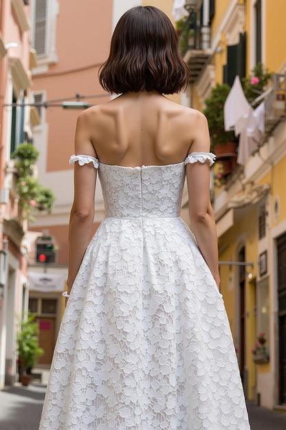 Lace Off the Shoulder White A Line Midi Wedding Dress