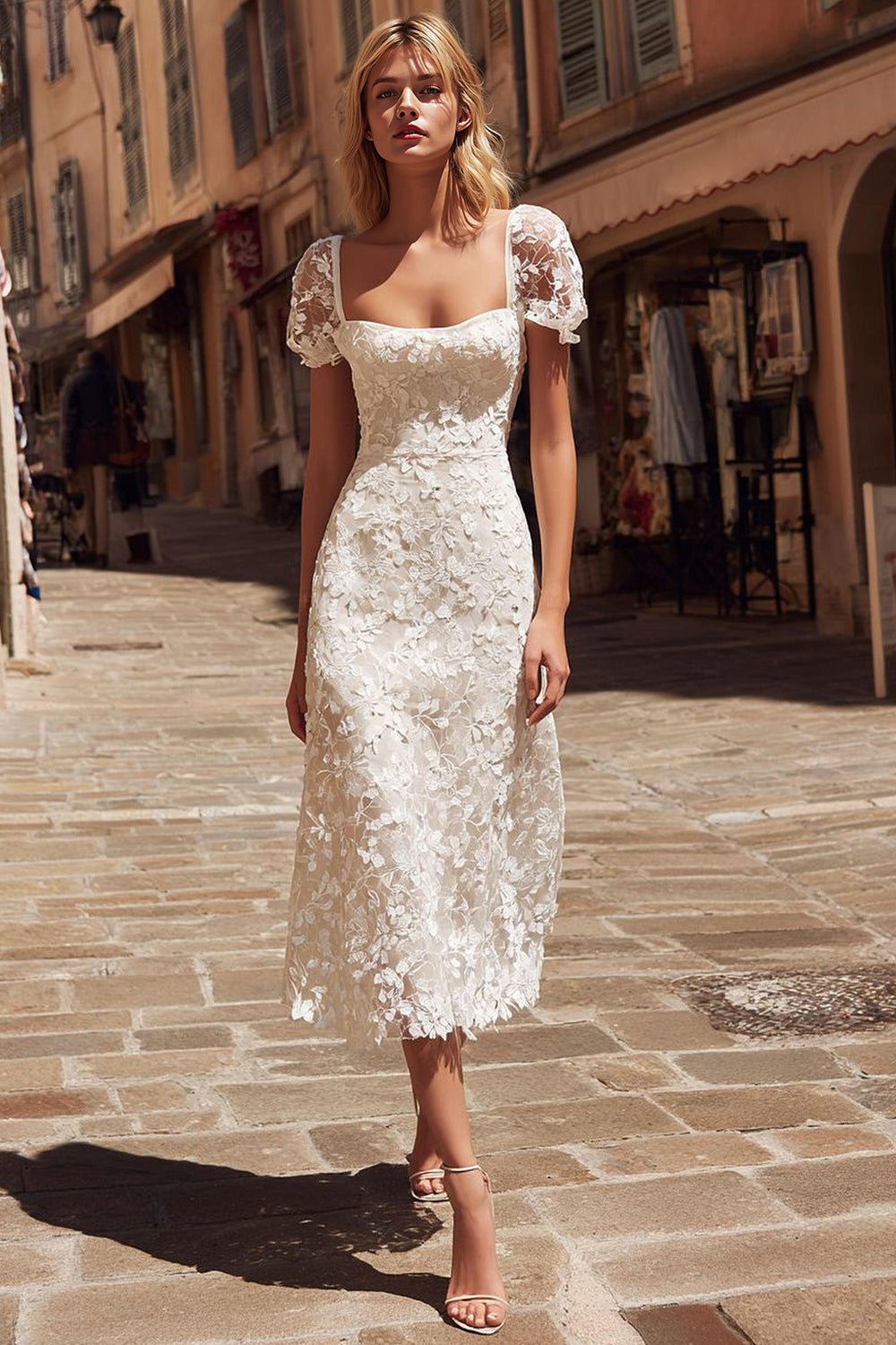 Ivory Lace A Line Midi Wedding Dress with Cap Sleeves
