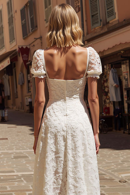 Ivory Lace A Line Midi Wedding Dress with Cap Sleeves