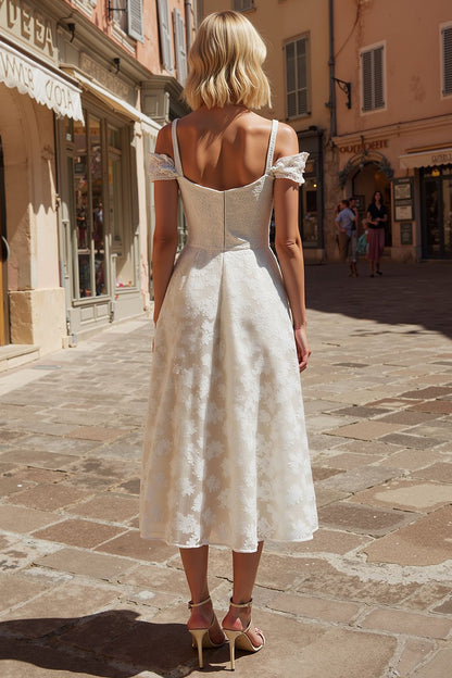 Ivory Lace Cold Shoulder A Line Long Wedding Dress