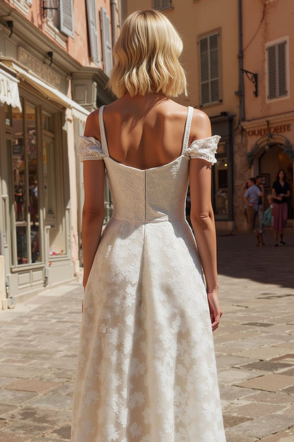 Ivory Lace Cold Shoulder A Line Long Wedding Dress