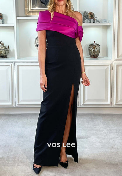 Black One Shoulder Floor-Length Sheath Mother of Bride Dresses with High Split