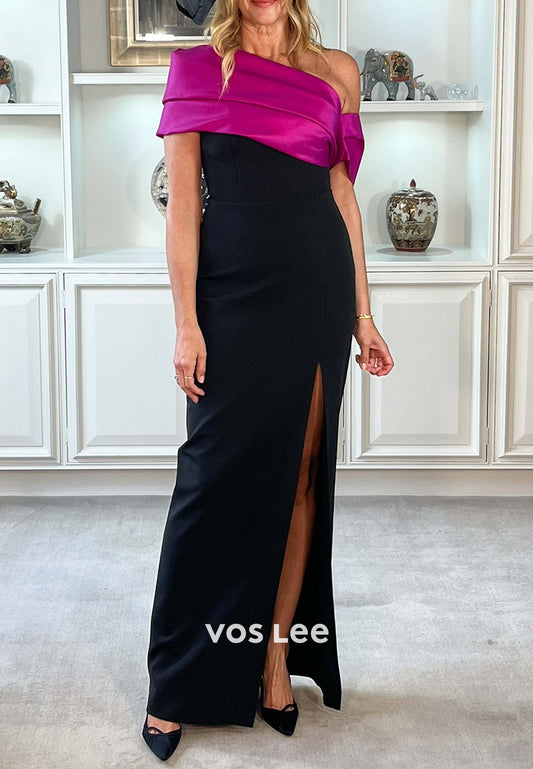 Black One Shoulder Floor-Length Sheath Mother of Bride Dresses with High Split