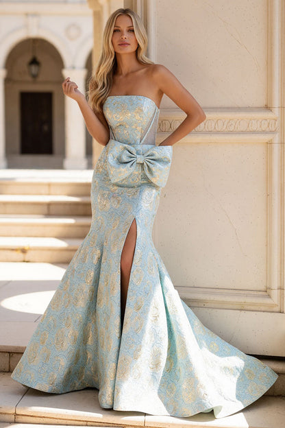 Strapless Mermaid Light Blue Jacquard Long Prom Dress with Bow