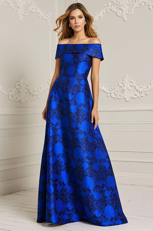 Royal Blue Off the Shoulder Printed A Line Mother of the Bride Dress