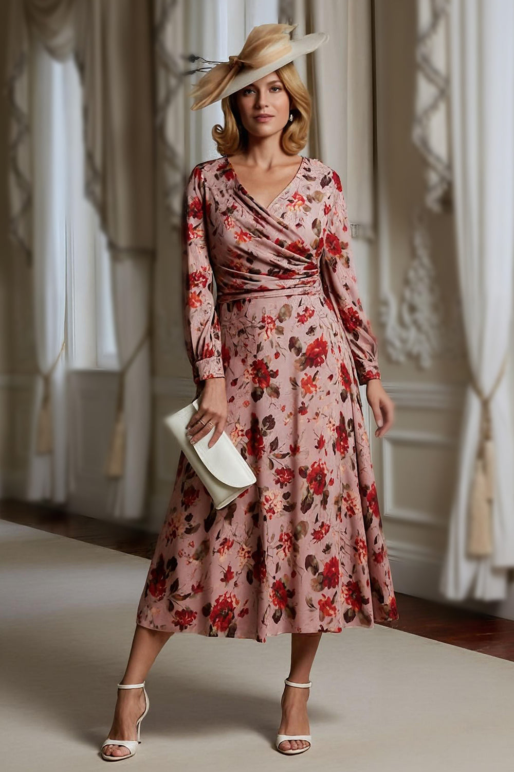 Dusty Rose Floral A Line V Neck Printed Midi Mother of the Bride Dress with Long Sleeves