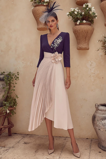 Purple V-Neck A-Line Midi Mother of the Bride Dress with 3D Flower