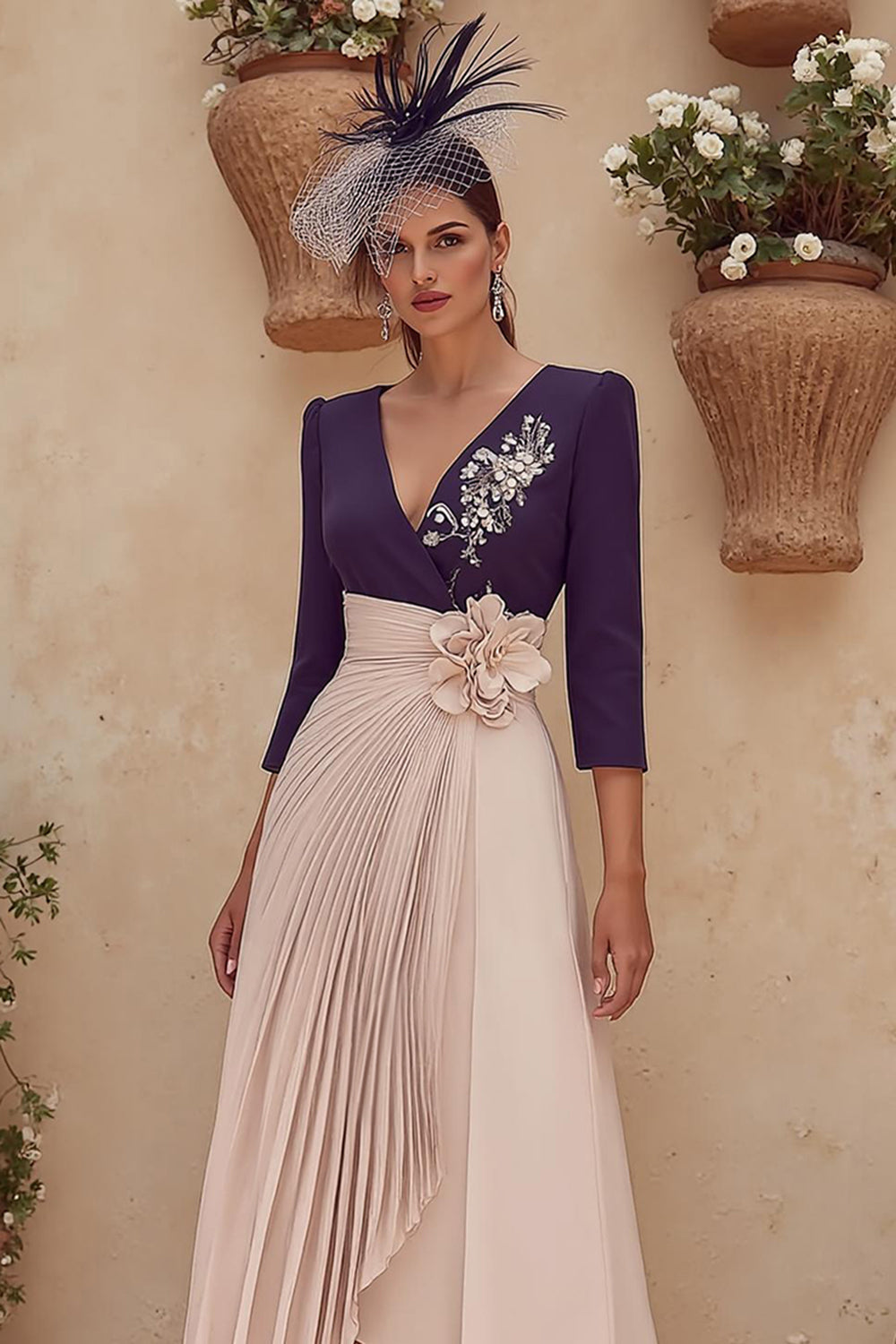 Purple V-Neck A-Line Midi Mother of the Bride Dress with 3D Flower