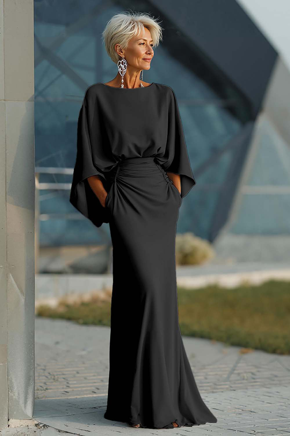 Silver Sheath 3/4 Sleeves Long Mother of the Bride Dress with Pockets